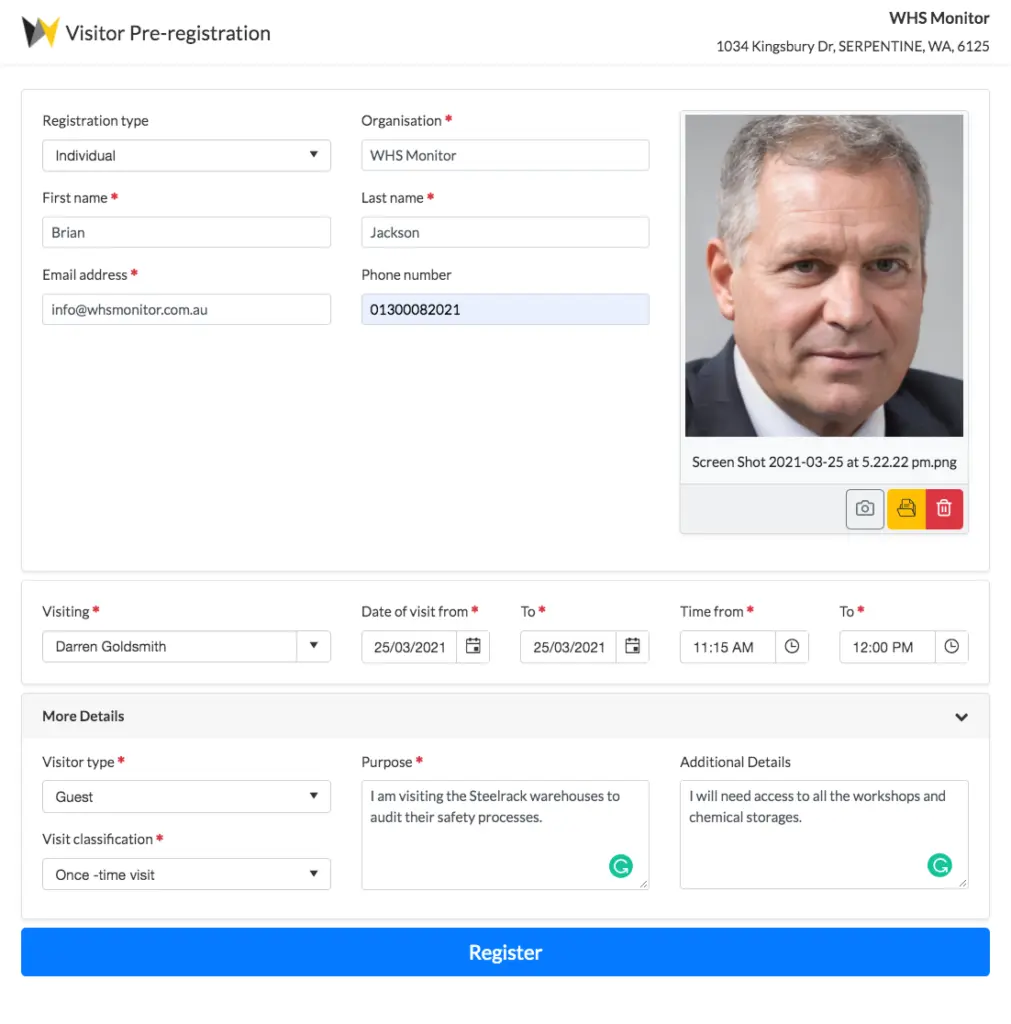 Visitor Management Pre-Registration Screen